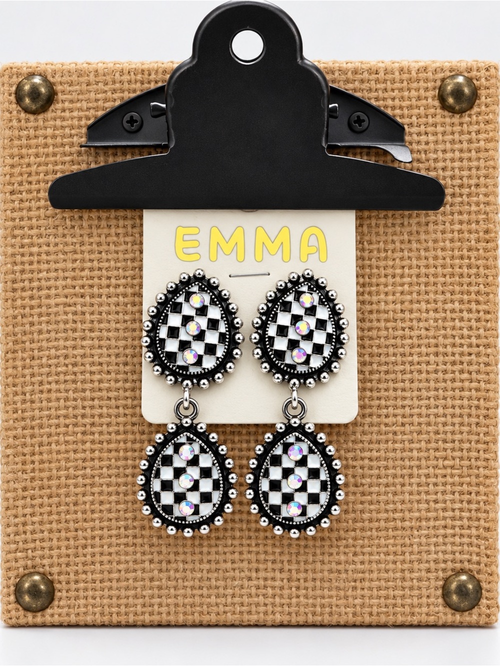Emma Black & White Check Teardrop Dangle Earrings